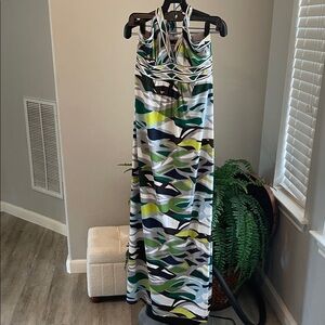 BCBGMaxAzria Green, Blue and White Halter Maxi Dress